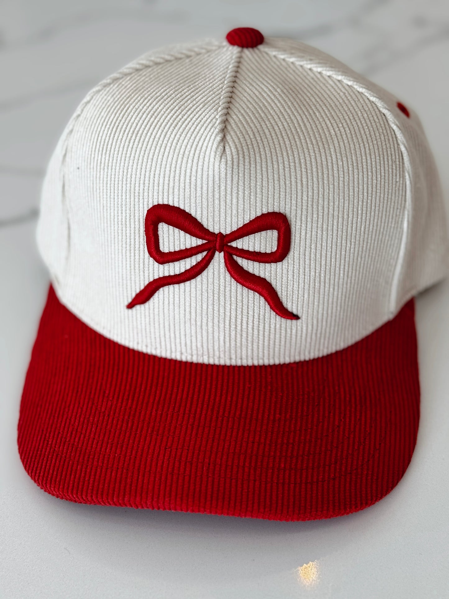 Red & Cream Corduroy Bow Puff Embroidered Hat